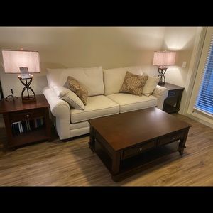 Couch, end tables, coffee tables and lamps